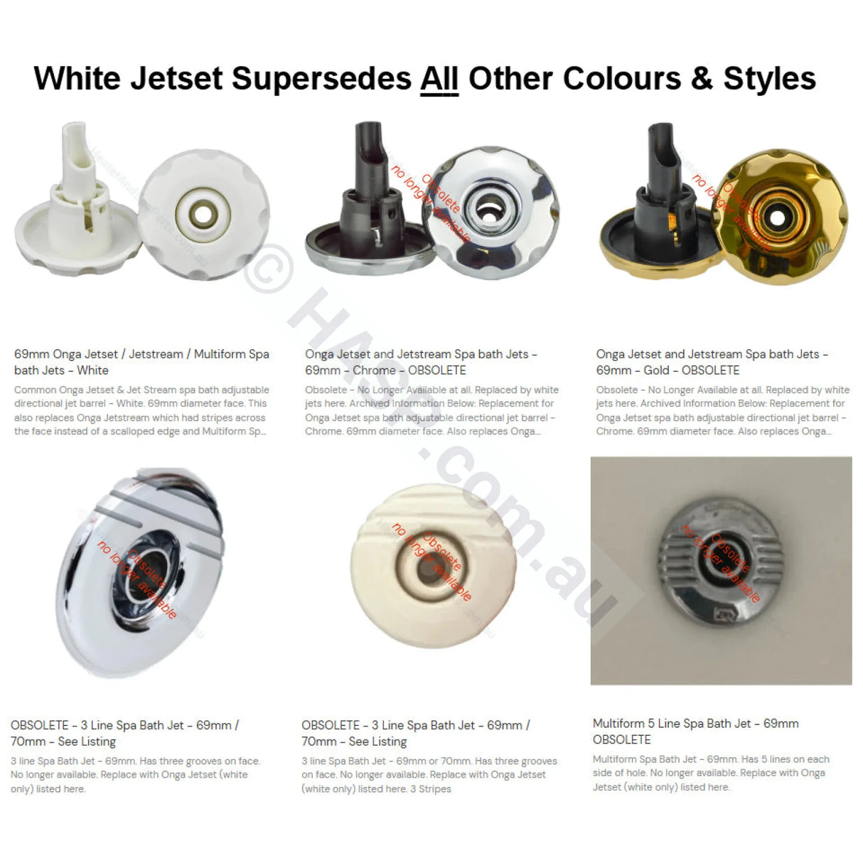 69mm Onga Jetset / Jetstream / Multiform Spa bath Jets - White Pool & Spa
