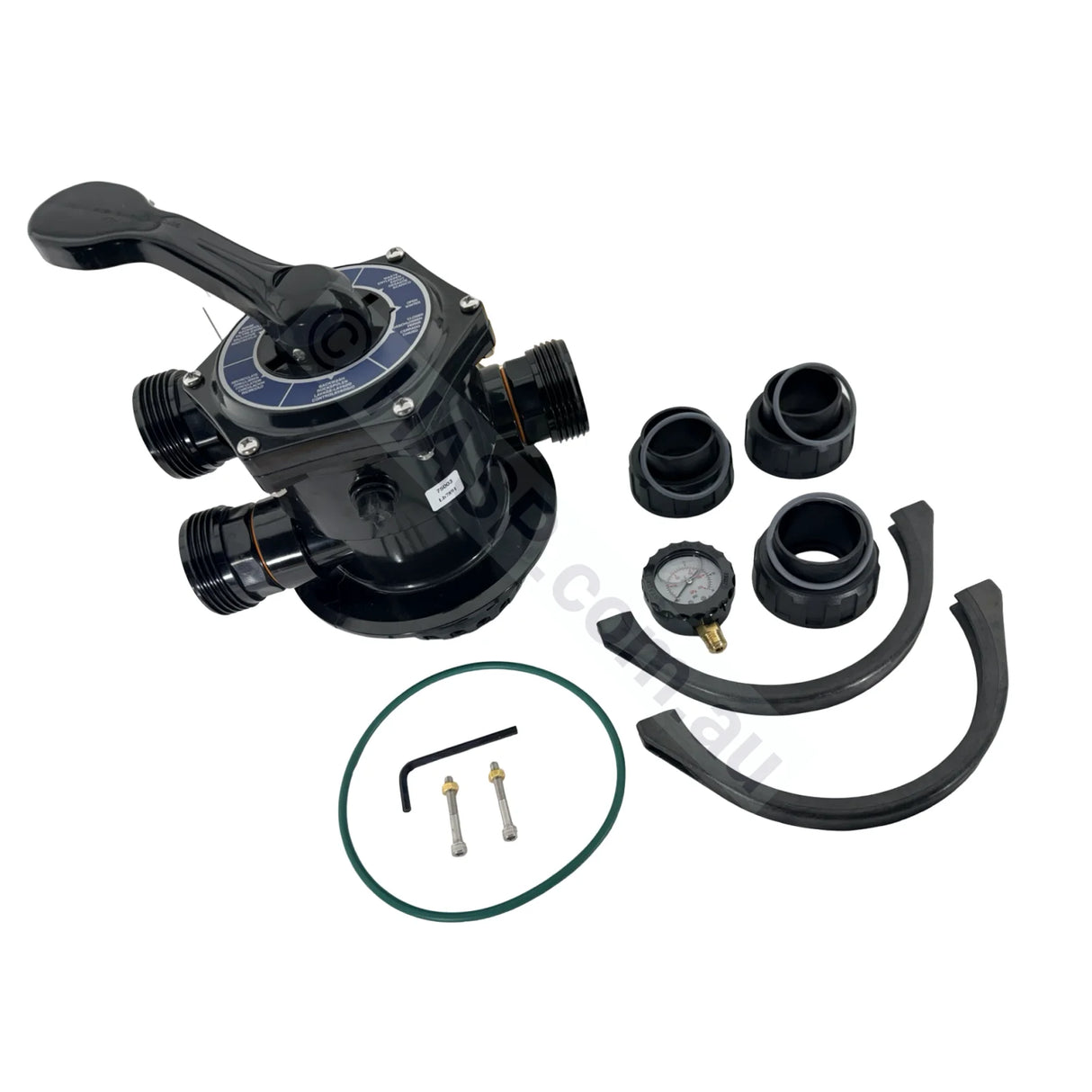 Astralpool 76037 40mm multiport valve kit showing barrel unions, tank clamp, O-ring and pressure gauge
