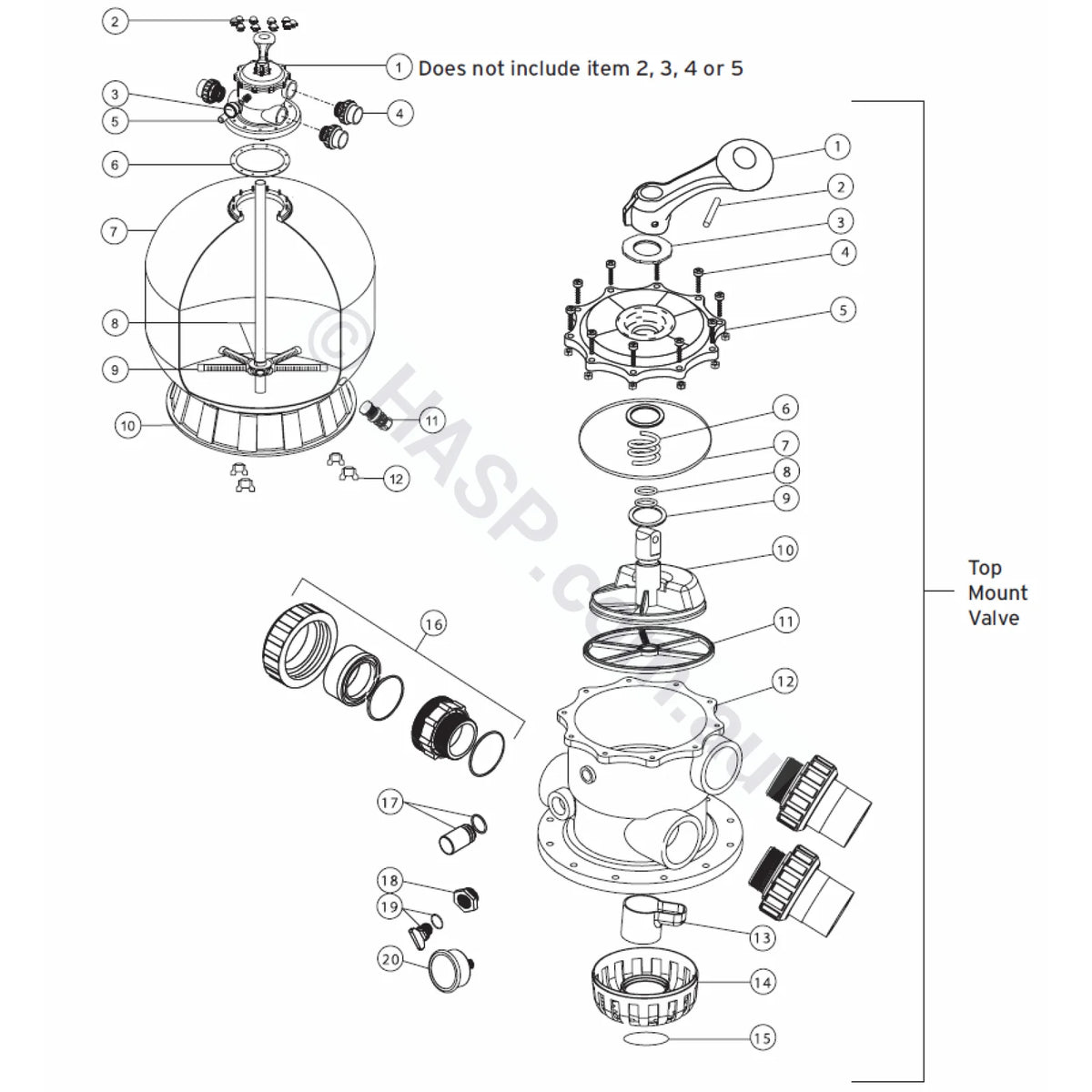 Zodiac Titan Series sand filter and 50mm top mount multiport valve exploded parts diagram, O-Ring for Diffuser shown as No. 15