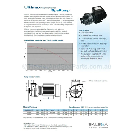 4Hp / 3Hp 2Hp - One-Speed Balboa Ultimax Spa Jet Booster Pump Ultima Vico