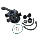 Astralpool 76037 40mm multiport valve kit showing barrel unions, tank clamp, O-ring and pressure gauge