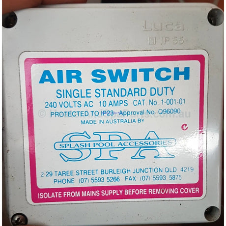 Air Switch - Single - 10A or 15A - Also Dega Replacement - Heater and Spa Parts